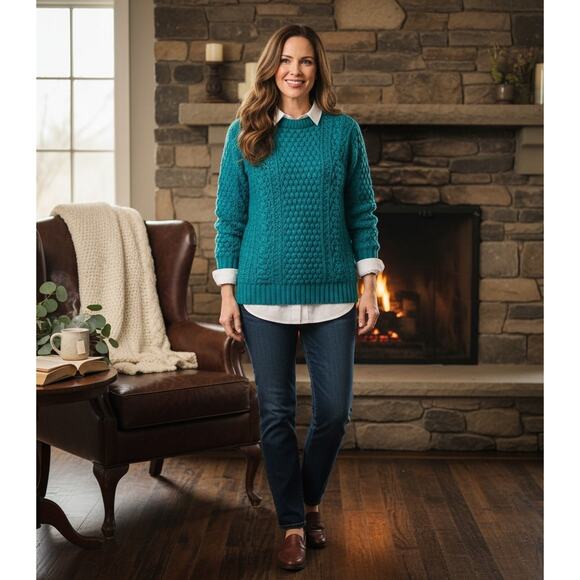 Quill’s Woollen Market Vintage 80s Irish Handknit Teal Wool Sweater | 44 (L/XL) - Picture 3 of 11